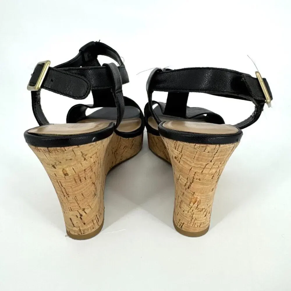 Franco Sarto Corridor Leather‎ T-Strap Cork Wedge Sandals Black Size 7.5
